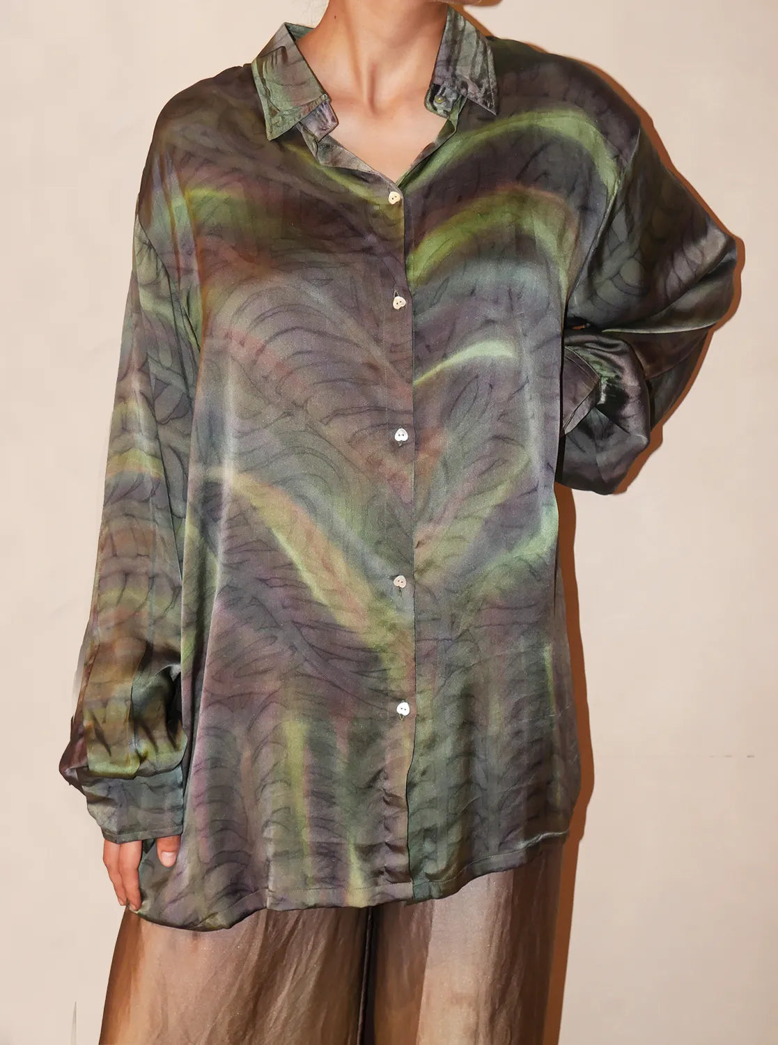 Amaya Shirt is a one of a kind piece, handcrafted in house from dark abstract printed pure silk. 