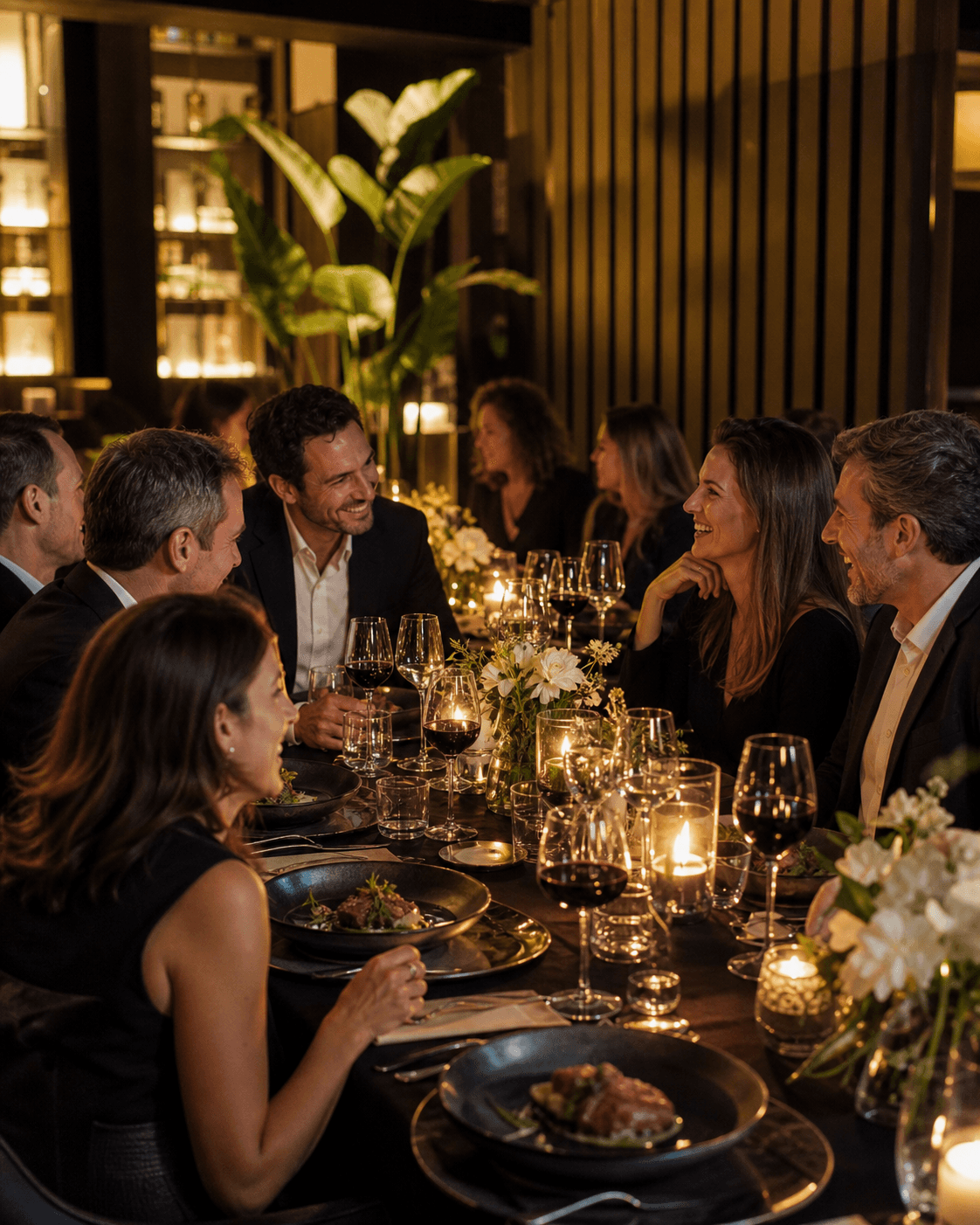 Buffet para almoço e coquetel corporativo com convidados se servindo em evento empresarial sofisticado e clima de networking profissional.
