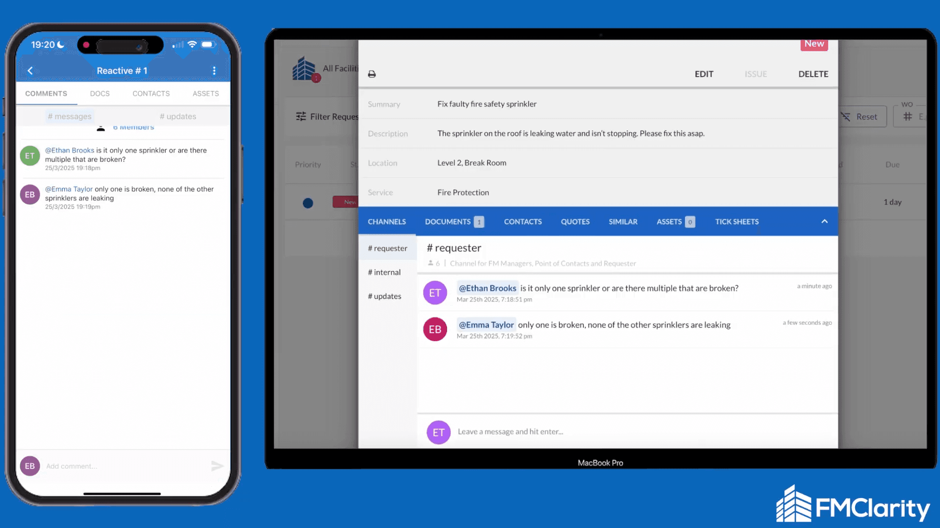 A facilities manager and staff member communicating to one another about a work order, within the work order, through the FMClarity facilities and asset management software platform. The facilities manager is on his laptop, whilst the staff member is on their mobile device. 
