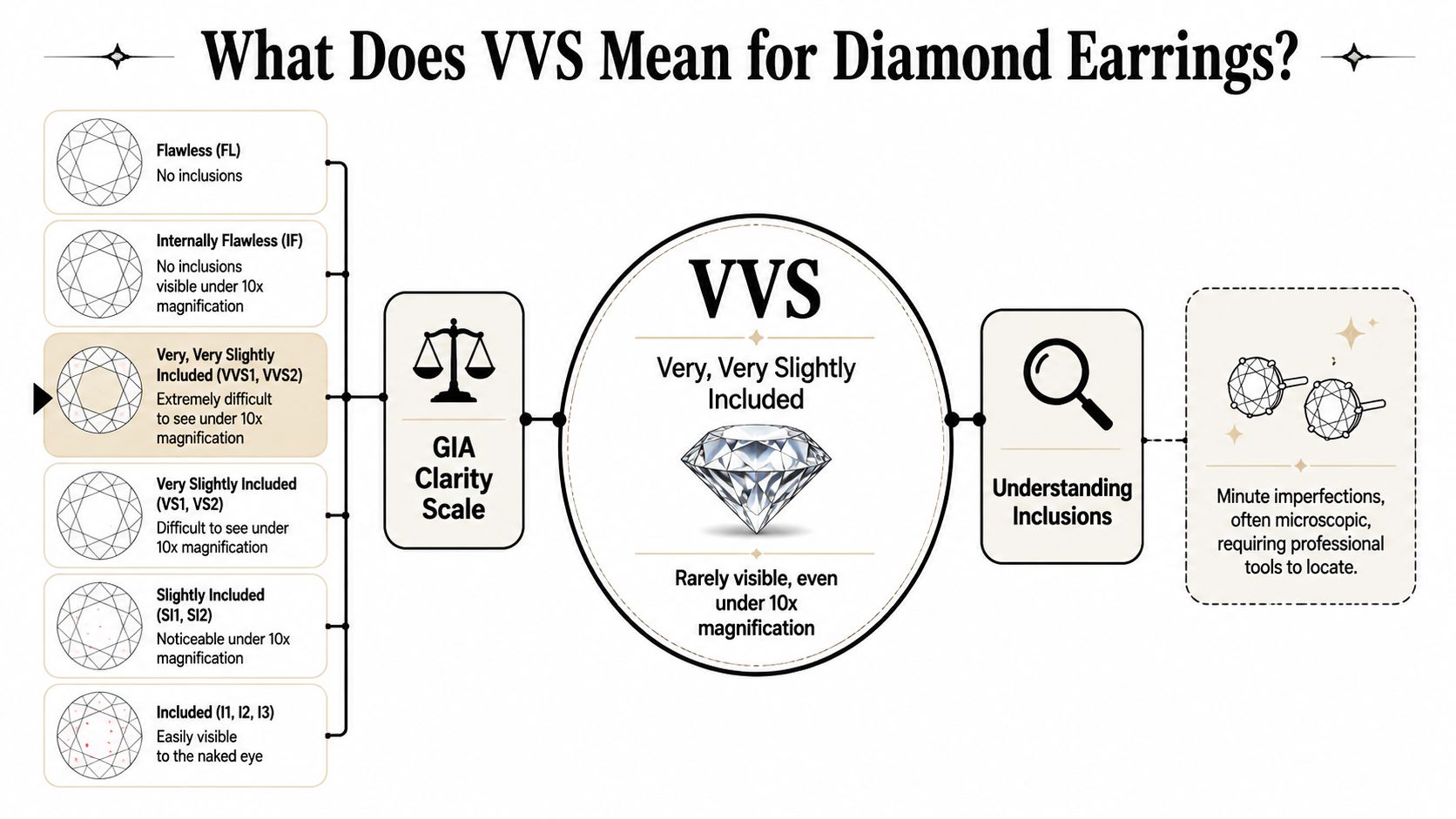 An infographic explaining the GIA clarity scale with a focus on VVS diamond earring quality grades.