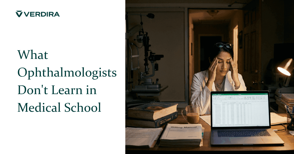 Young female ophthalmologist at home desk late at night surrounded by medical textbooks and billing documents rubbing her temples