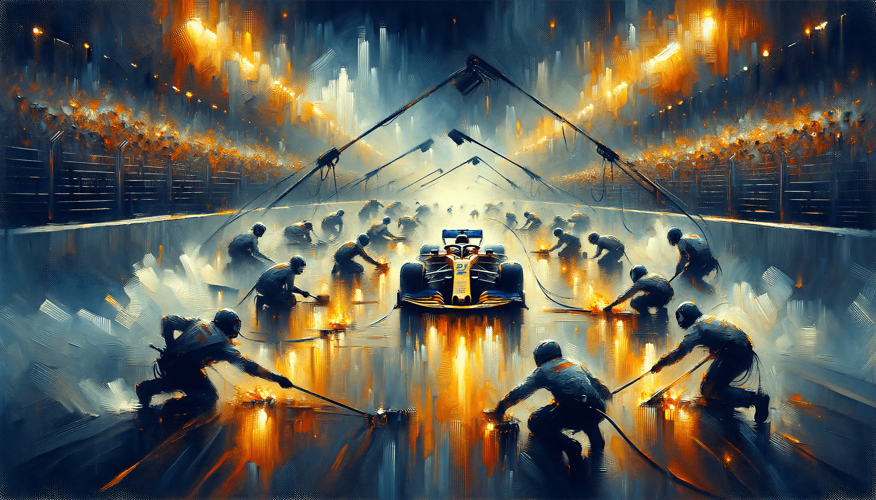 Oil painting of a Formula 1 pit stop from above with crew in dynamic motion