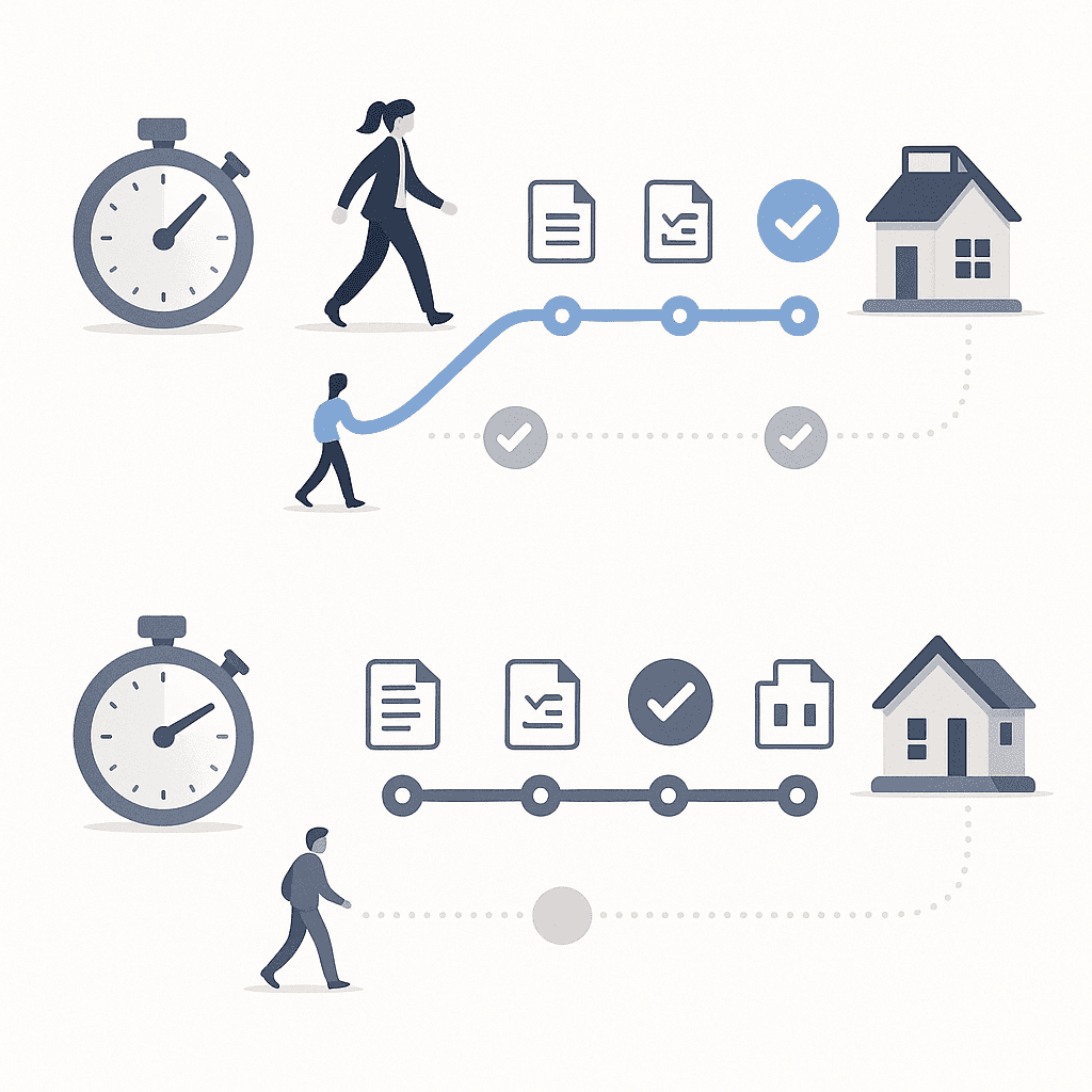 Flow diagram contrasting a short digital lender timeline with a longer traditional bank mortgage timeline