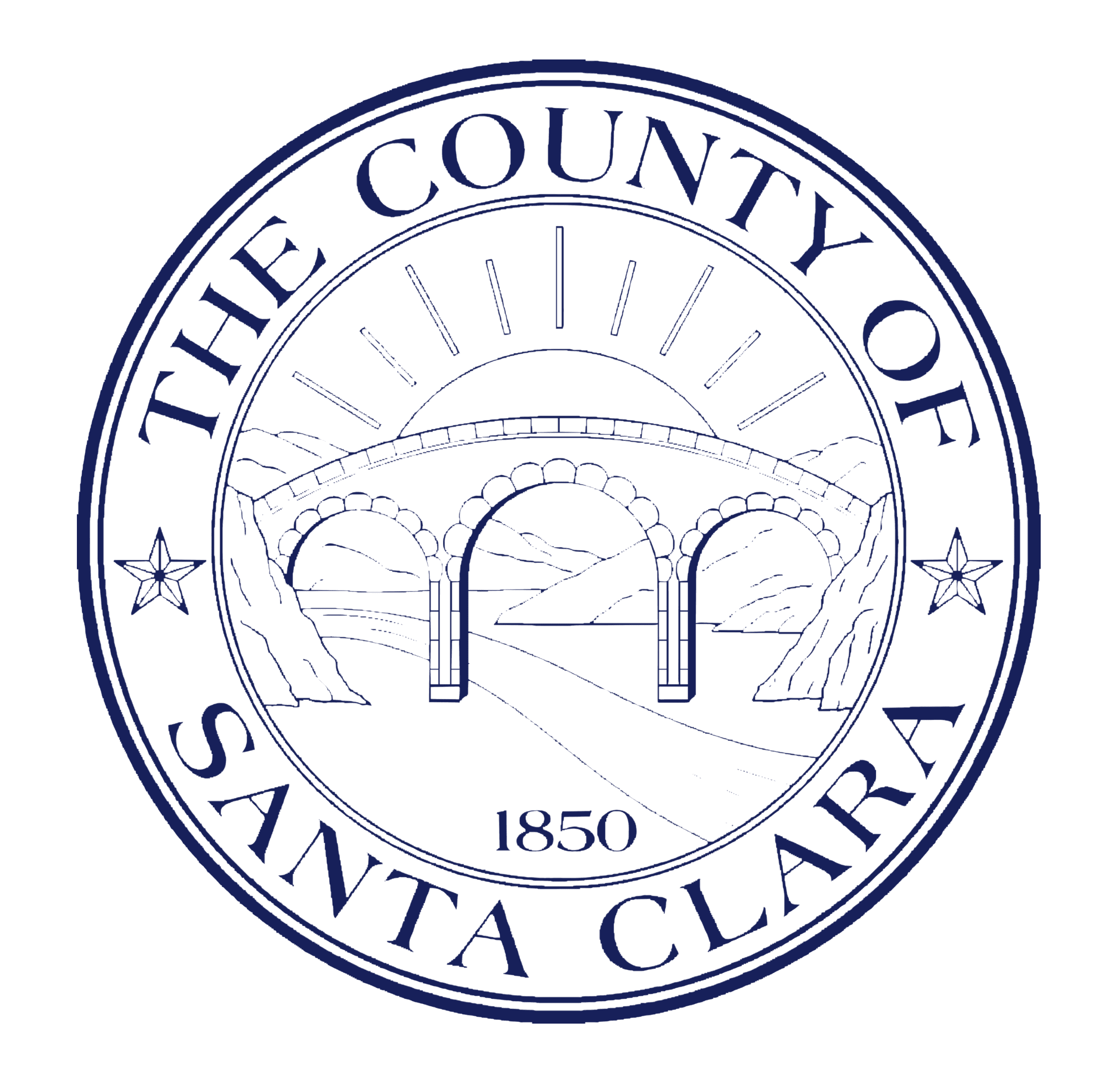 Esta imagem apresenta o selo oficial do Condado de Santa Clara, exibindo uma ponte em arco sob o sol com raios se estendendo para fora, cercada pelas palavras "The County of Santa Clara" e pelo ano "1850", tudo envolto por uma borda decorativa.