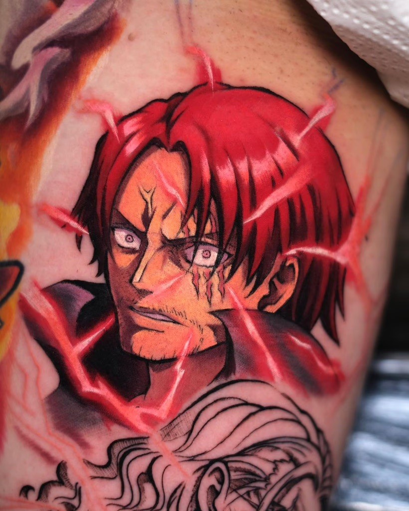 A striking tattoo of Shanks from One Piece, emanating red Conqueror's Haki lightning, designed by Kirill Dare.