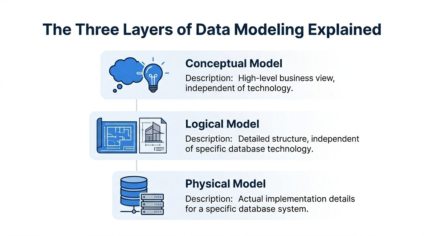 A diagram illustrating the three layers of data modeling: conceptual, logical, and physical, with their definitions.