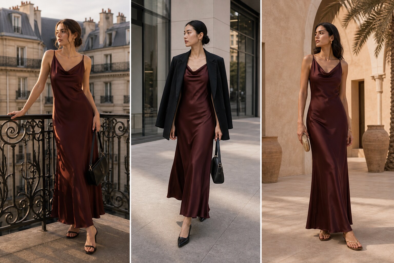 Deep oxblood silk dress adapted across Paris, Seoul, and Dubai campaign variants.