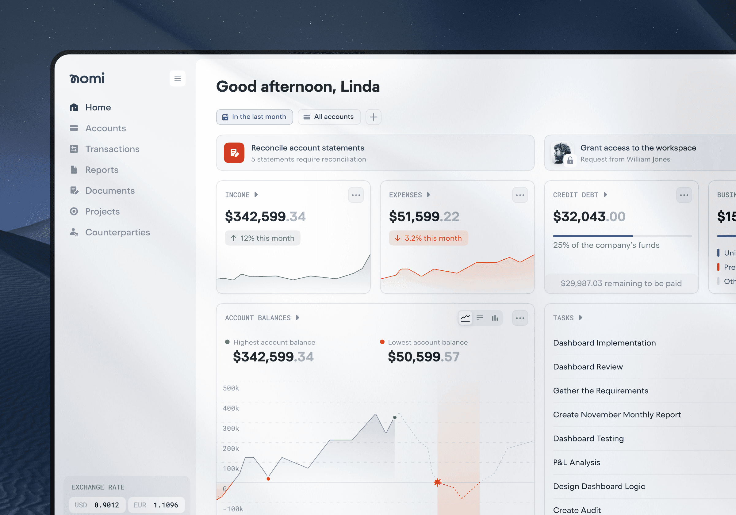 Nomi modular fintech ERP platform interface