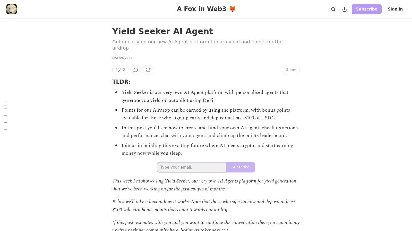 Screenshot from https://afoxinweb3.tokenpage.xyz/p/yield-seeker-ai-agent