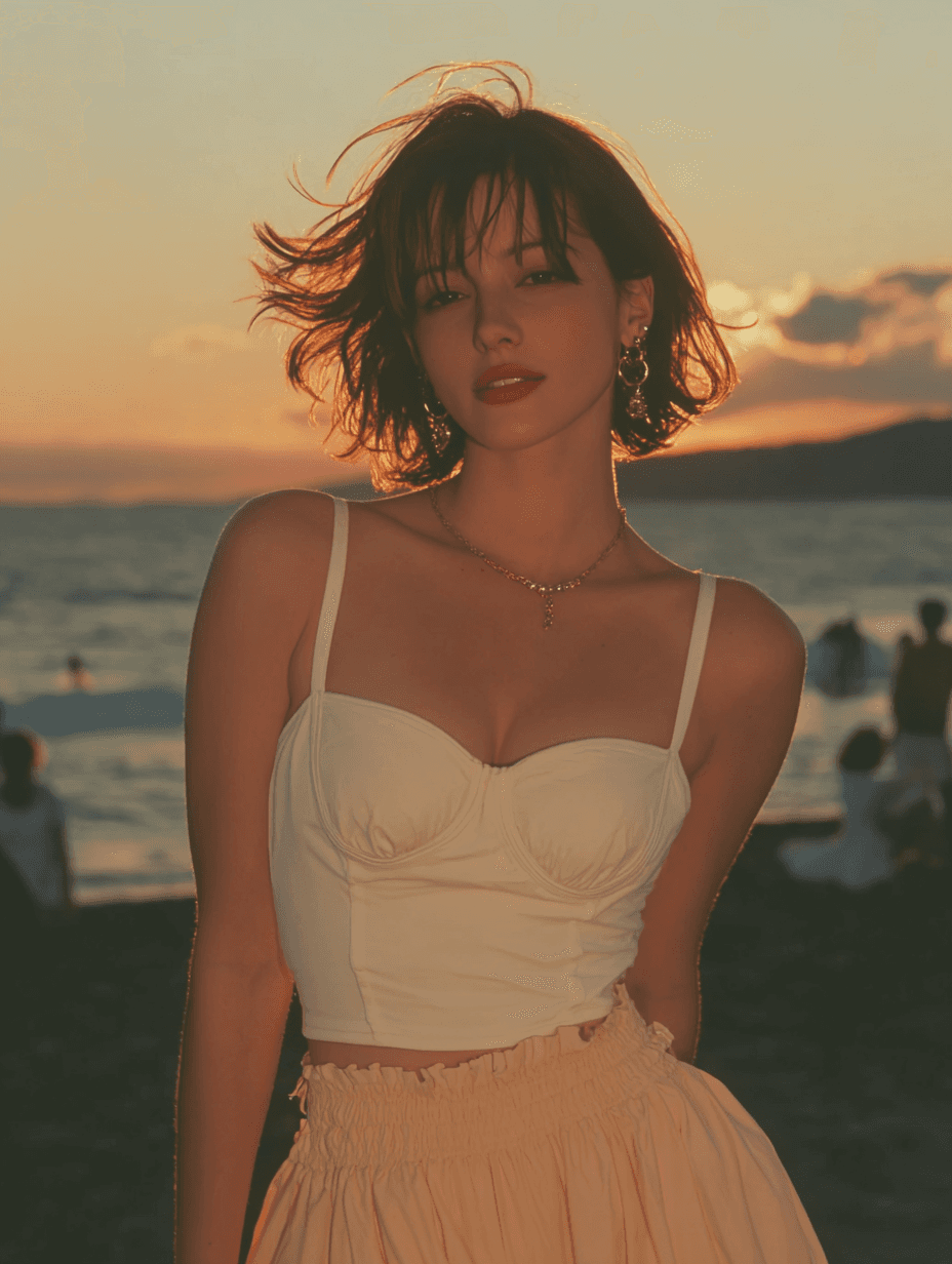 A young woman in a white top and peach skirt stands on a beach at sunset, her short hair blowing in the breeze as warm light paints the ocean and sky behind her.