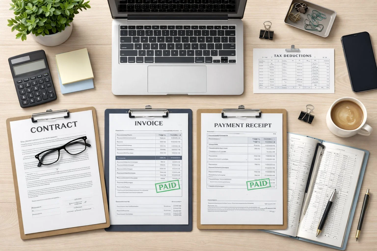Flat-lay view of contracts, invoices, and payment receipts arranged beside a laptop and financial ledger, representing organized business finances and tax management.
