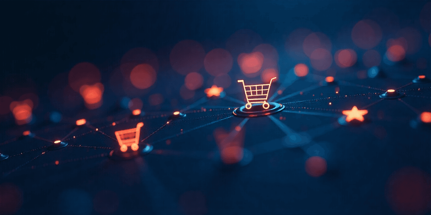 Glowing shopping cart symbols interconnected, representing online shopping and e-commerce transactions, technology concept.
