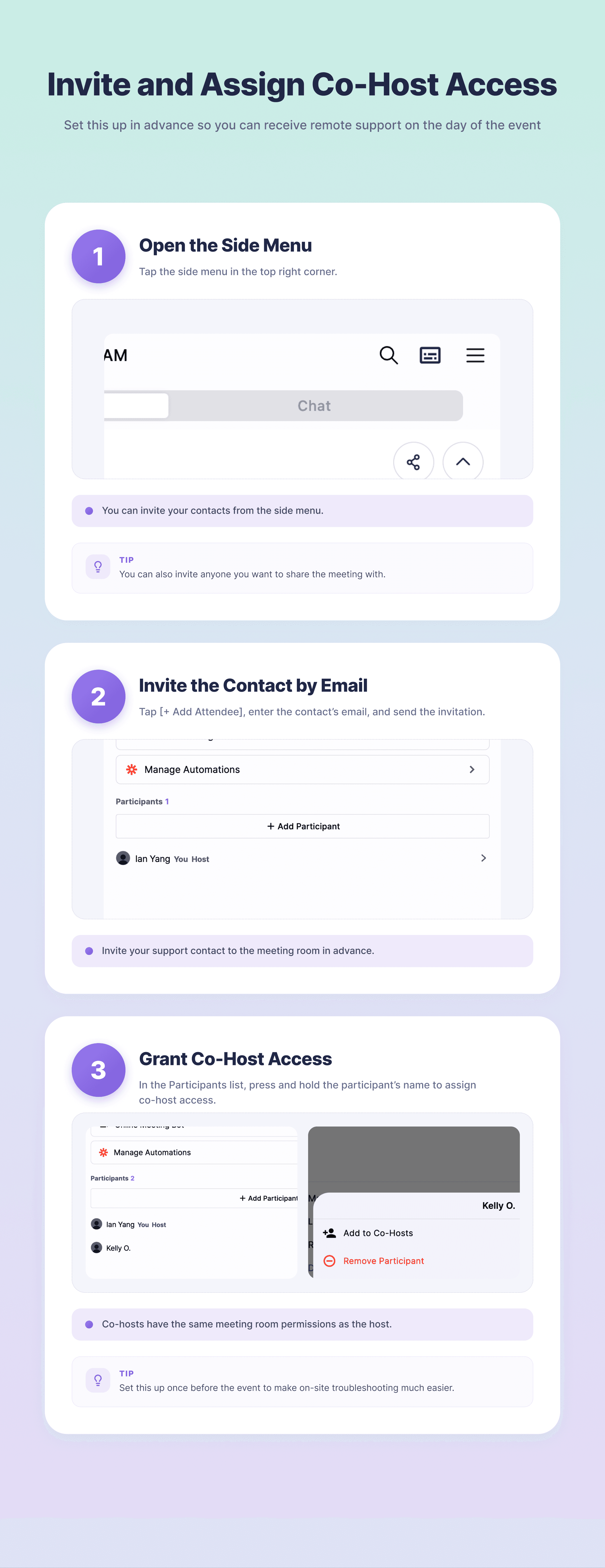 IMAGE 2 — Invite and Assign Co-Host Access: 3-step infographic showing (1) Open the Side Menu, (2) Invite the Contact by Email, (3) Grant Co-Host Access