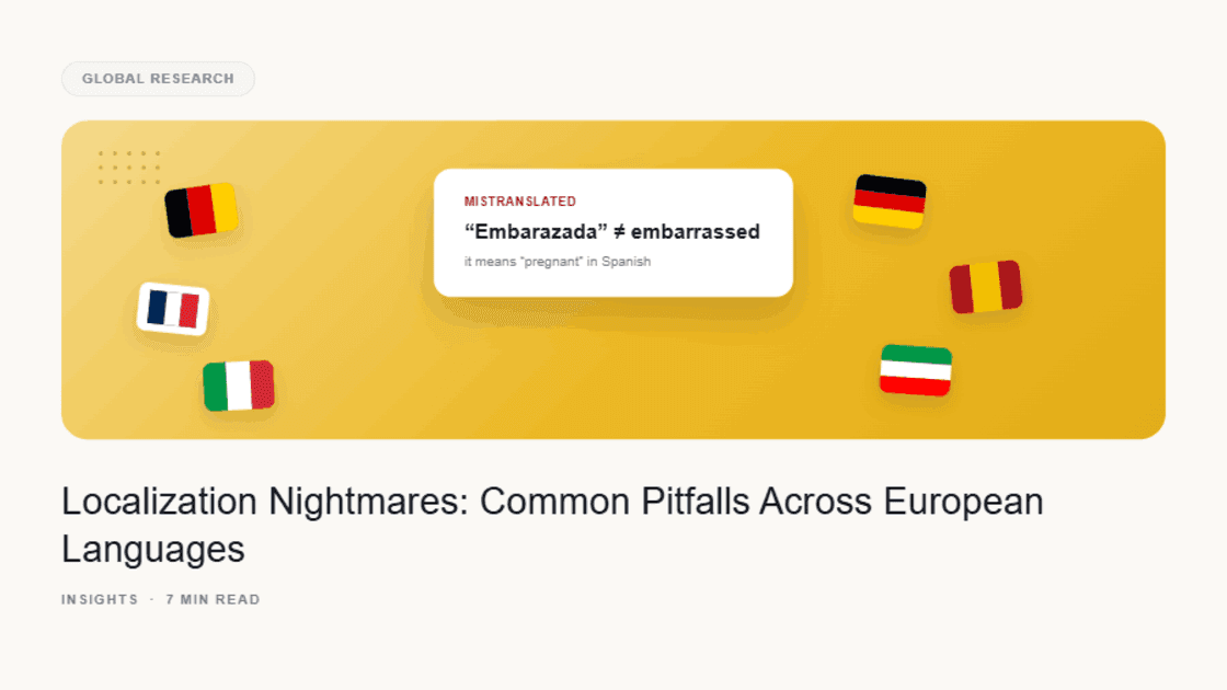 Illustration of the mistranslation 'Embarazada ≠ embarrassed' (it actually means pregnant in Spanish) at the center, surrounded by scattered European flag chips, illustrating common localization pitfalls across European languages