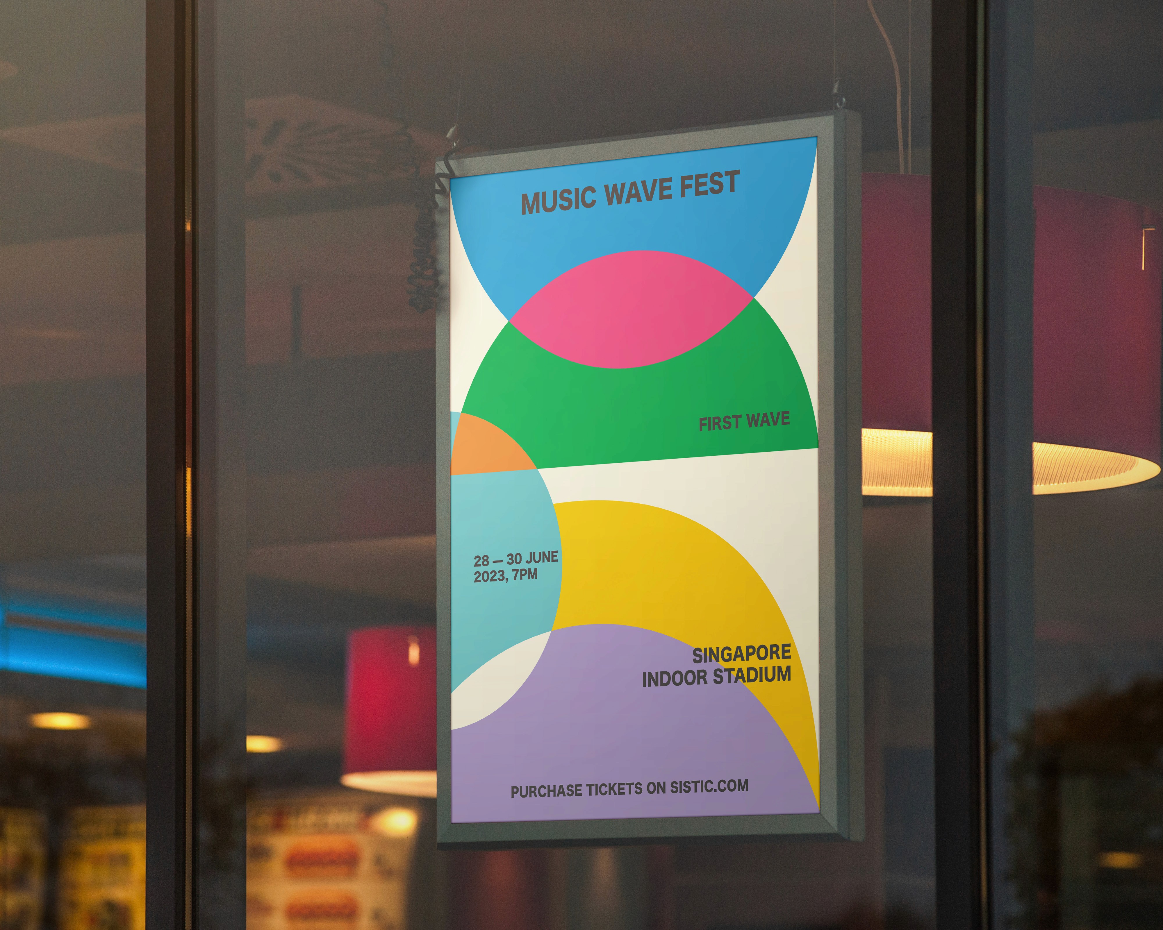 A close-up of a pink cocktail in a martini glass, set against a nighttime background with soft, blurred colors.