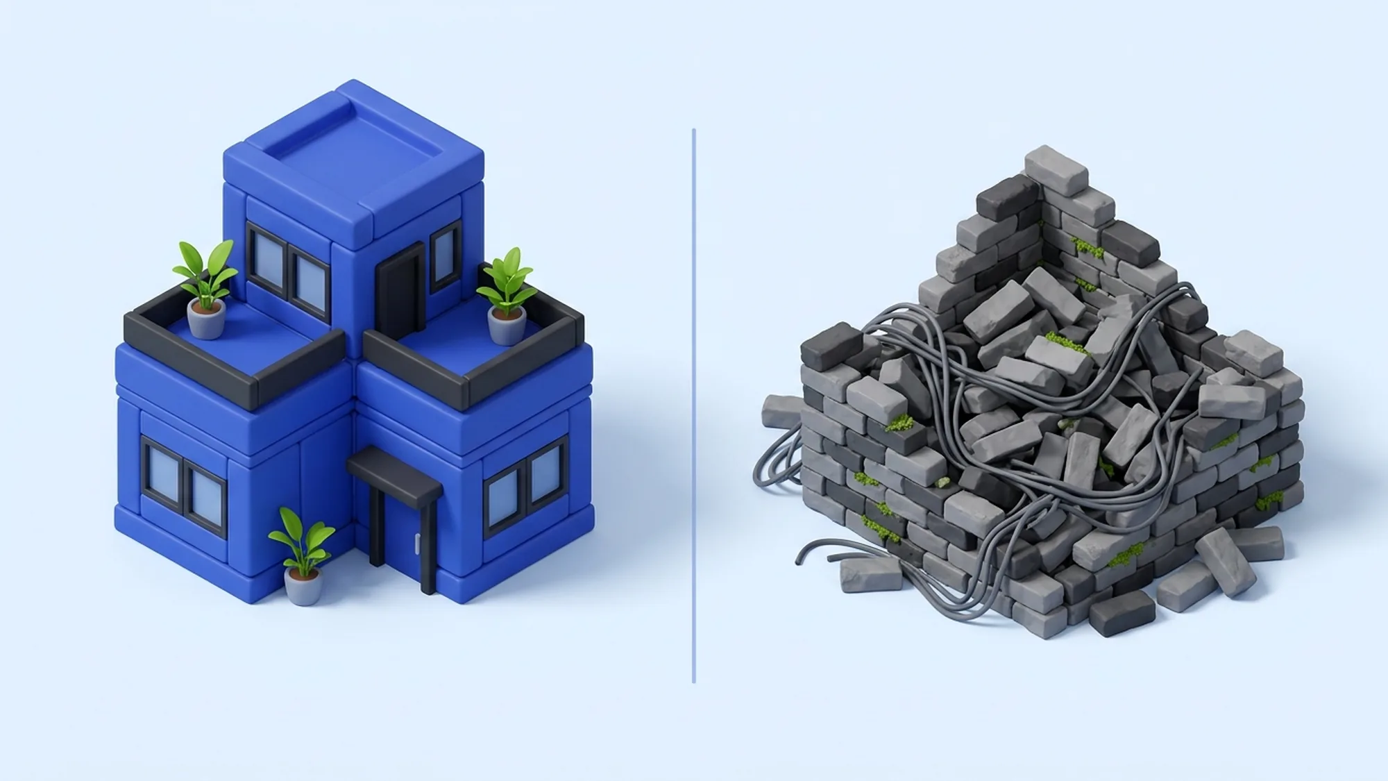 Illustration 3D d'un projet PHP moderne sous Laravel face à un code legacy difficile à externaliser