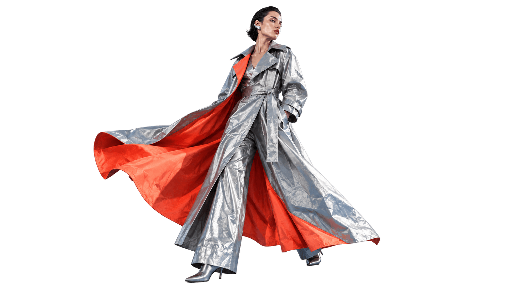 Full-body campaign model with flowing silver and coral trench.