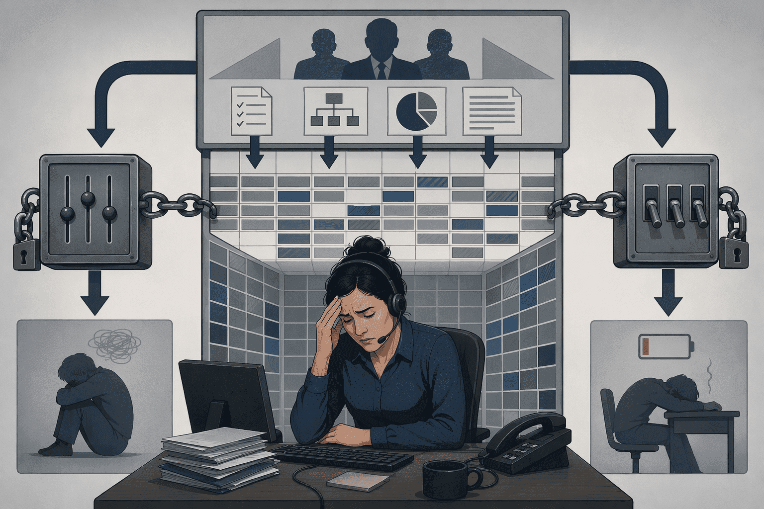 Illustration for Step 1: Diagnose The Systemic Roots Of Collections Burnout (It’s Not Just Individual Stress)