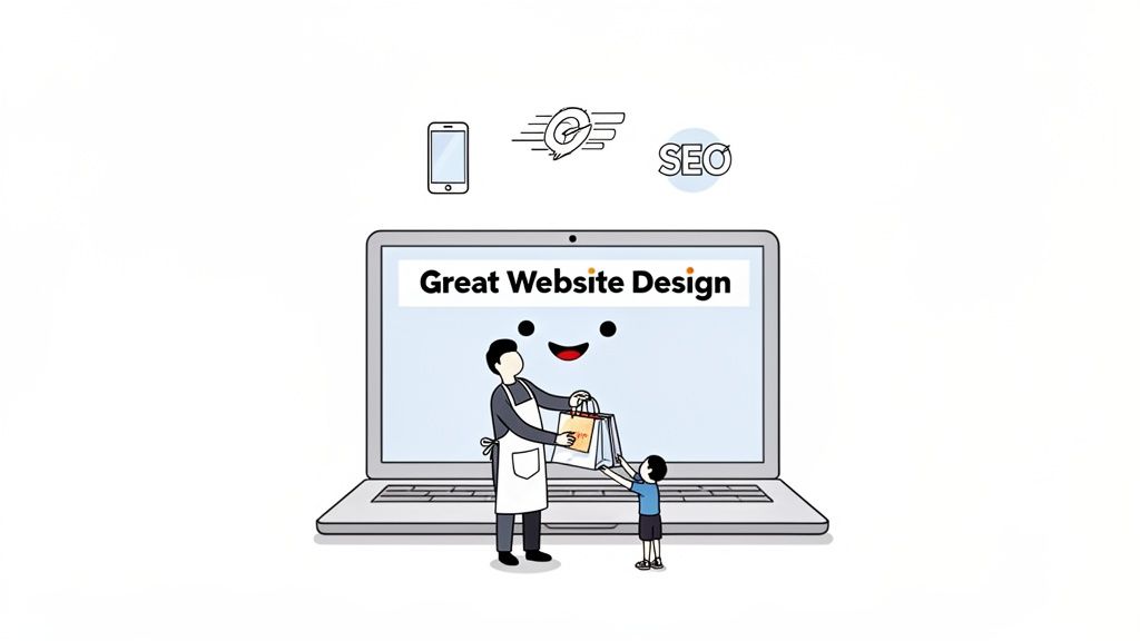 Illustration of a laptop displaying 'Great Website Design' with icons for mobile, speed, and SEO, symbolizing business success.