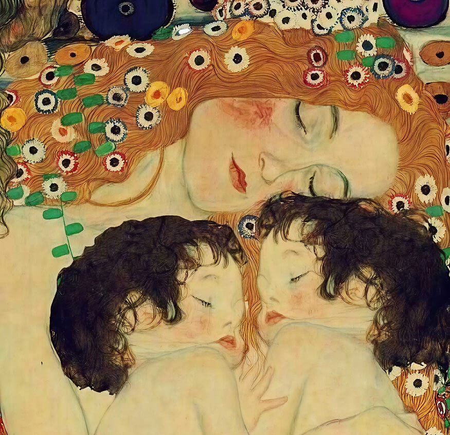 Framed reproduction of Gustav Klimt’s “Mother and Child” — symbolizing Natasha Husieva as a mother of two daughters and a cat, reflecting care and emotional depth.