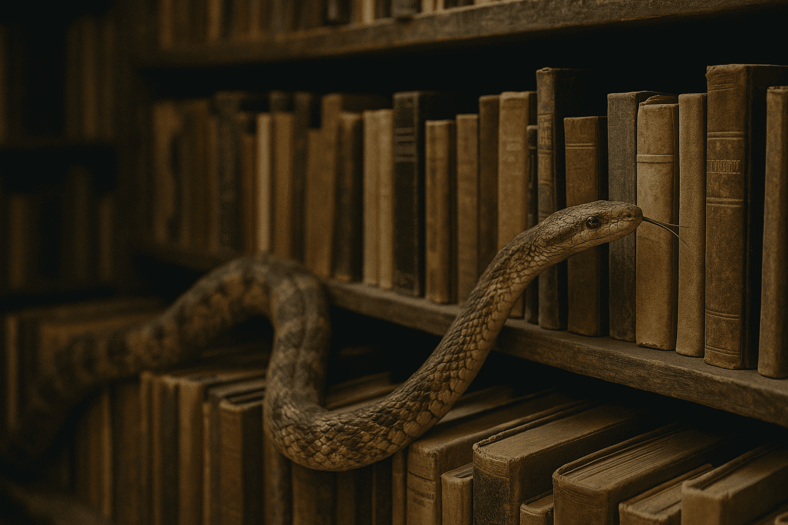 A film-style photo of a slender snake weaving through an old, cluttered bookshelf filled with mismatched books.