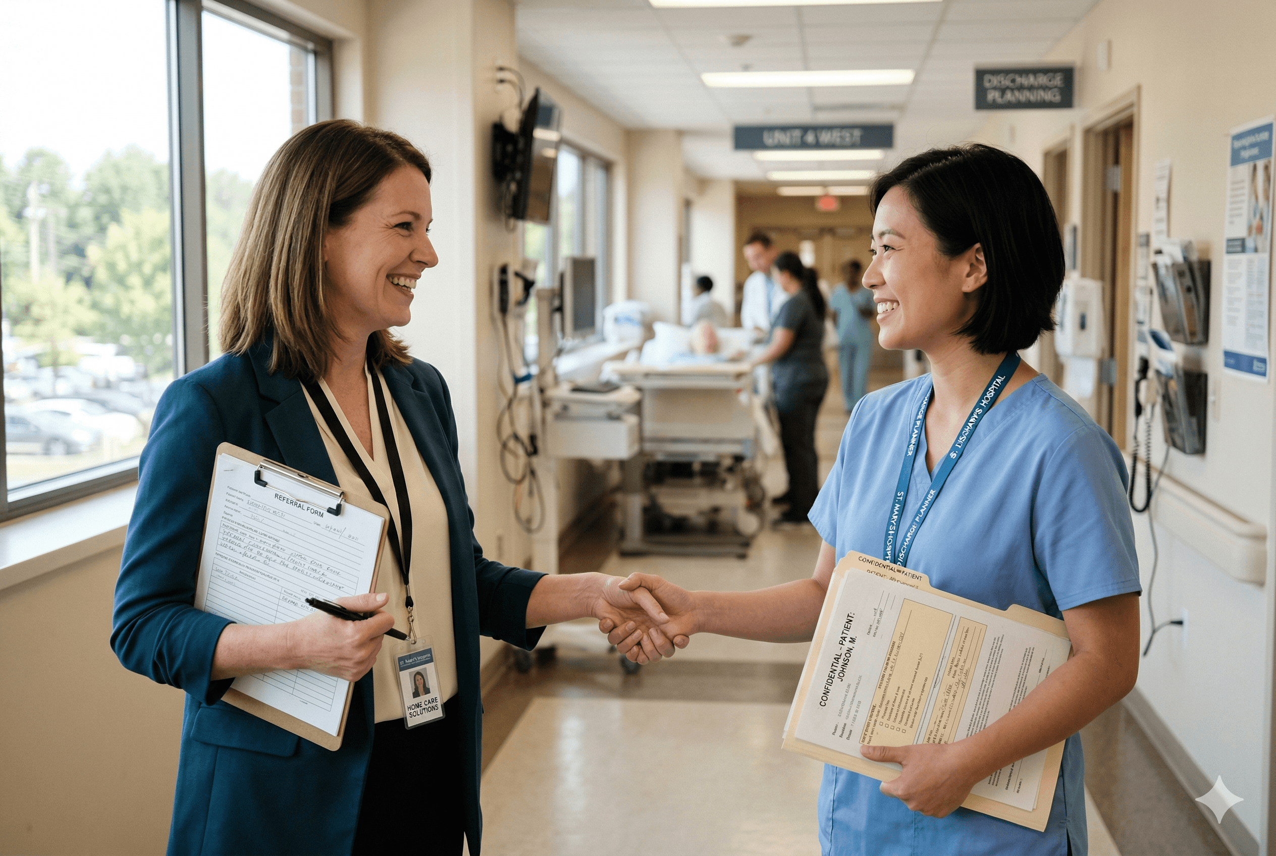 A warm, professional moment inside a hospital corridor: a home care agency coordinator in business casual attire shaking hands with a hospital discharge planner in scrubs, both smiling, with a clipboard and patient folder visible. Natural window light, soft clinical environment in the background, shallow depth of field. Shot on Fujifilm X-T4, aspect ratio 3:2.