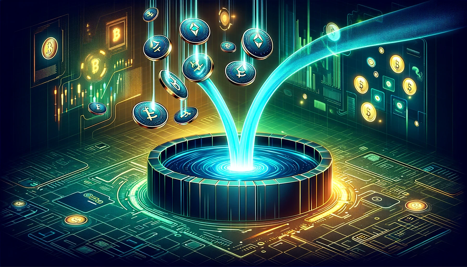 Crypto-themed image featuring charts, digital coins, and market trends, representing cryptocurrency trading and blockchain technology.