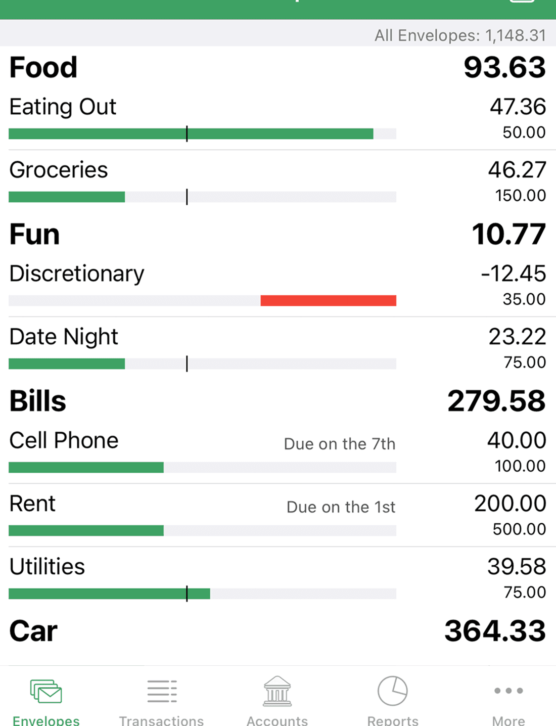 Cropped Goodbudget App Store marketing screenshot showing envelope balances and progress bars for several categories