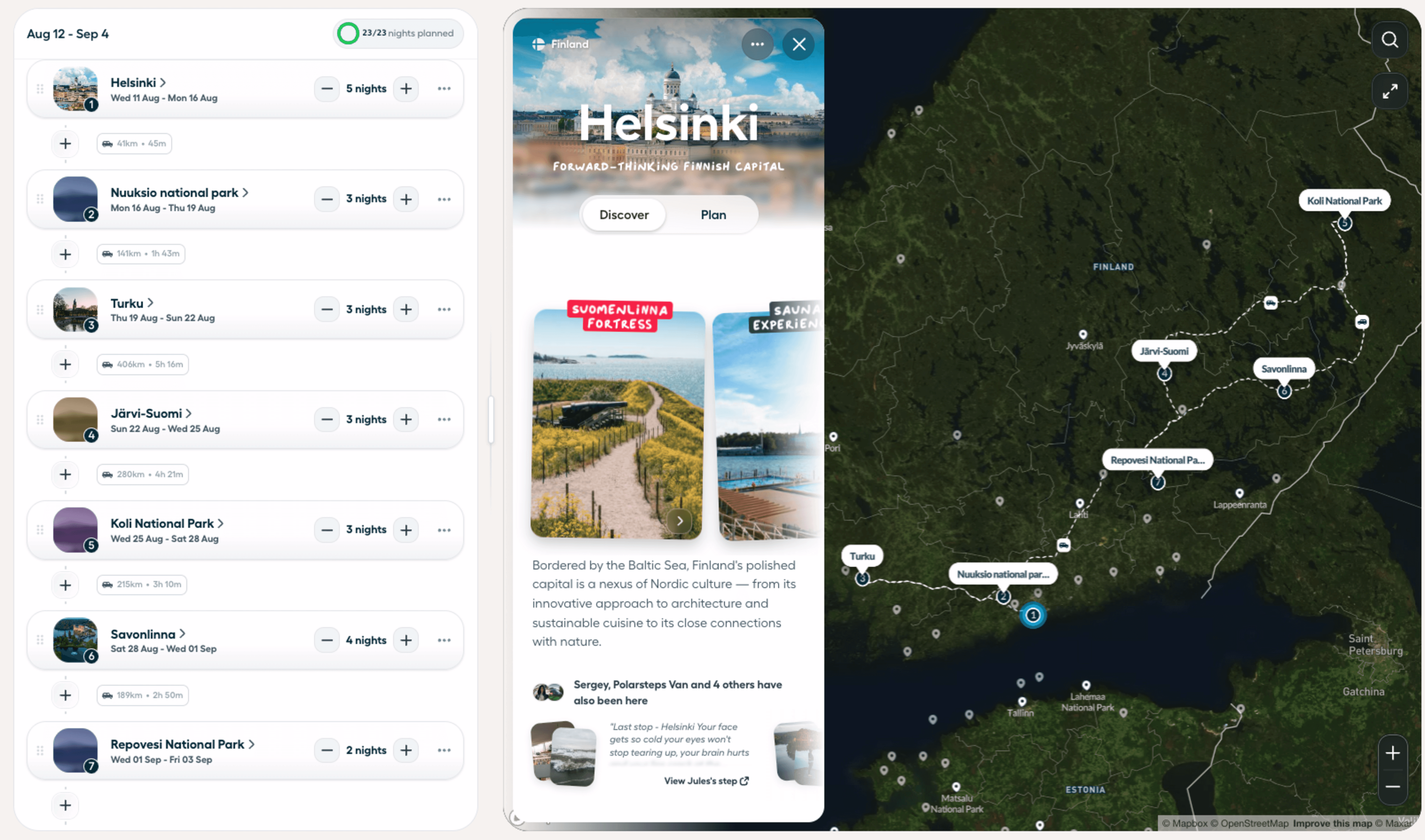 Polarsteps Trip Planner mapping a route through Helsinki, Finland’s lake district, and national parks, with destination recommendations and an interactive map.