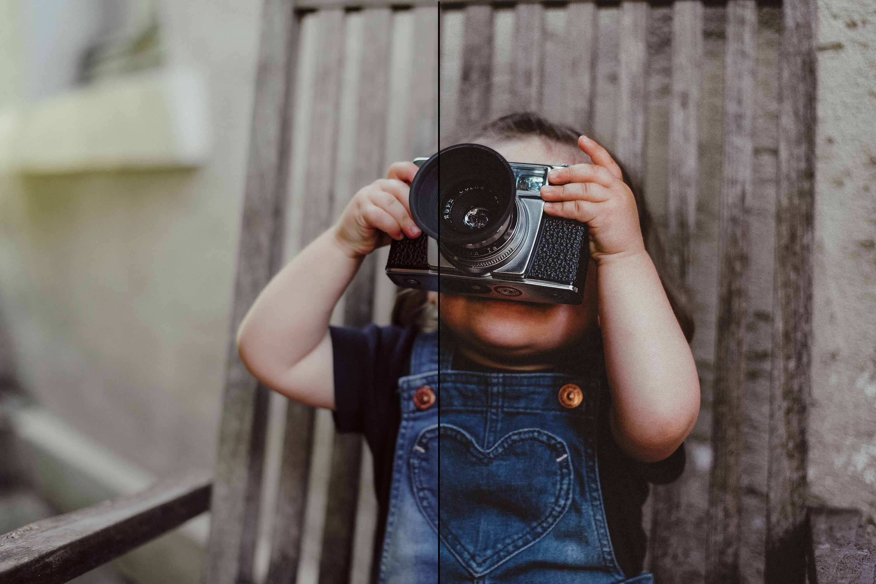 Vorher-Nachher-Vergleich der Bildbearbeitung: Ein unbearbeitetes Rohfoto (links) im Vergleich zum fertig bearbeiteten Kindergartenfoto mit professionellem Color Grading und Presets (rechts) von PK photography 4 Kids NRW.