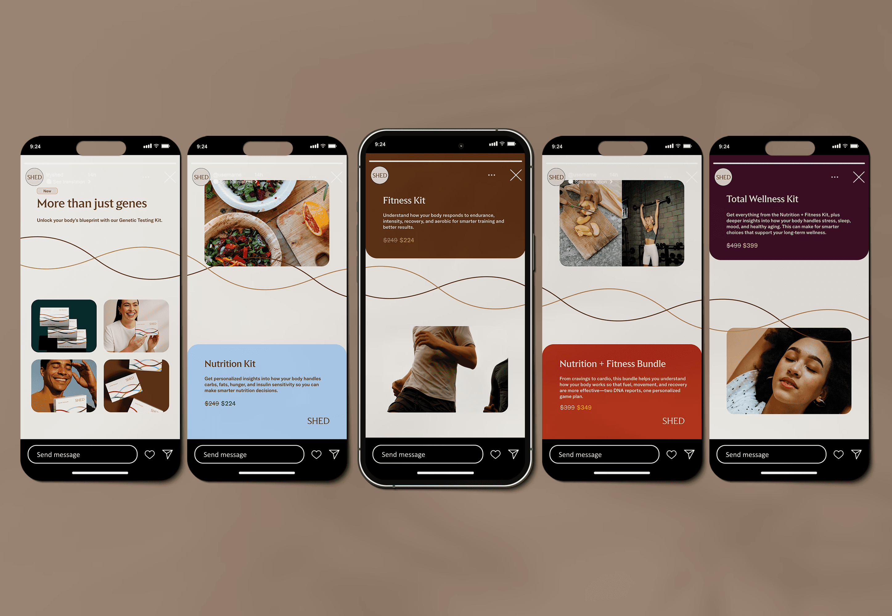 Five smartphones displaying a social media stories.