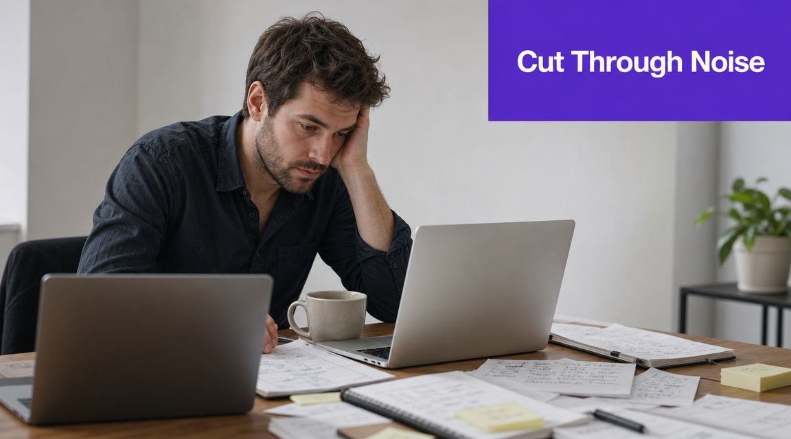 A stressed man working on a laptop at a cluttered desk with papers and coffee.