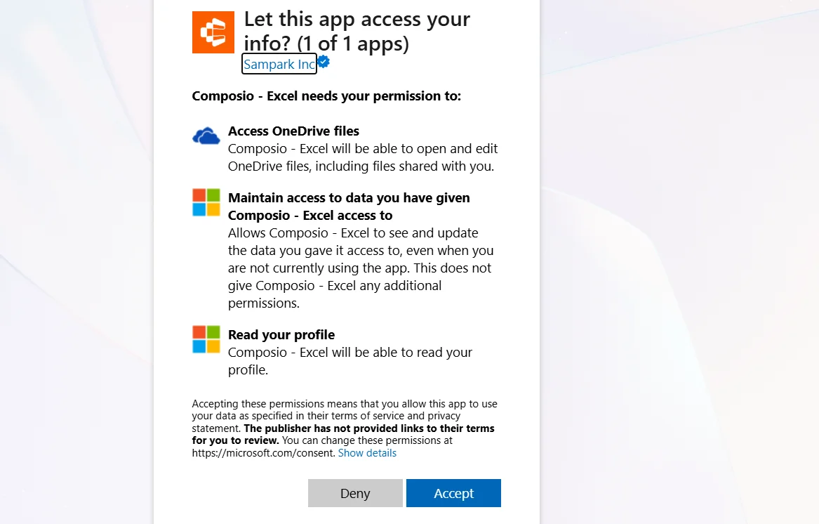 Microsoft permission request for Composio Excel