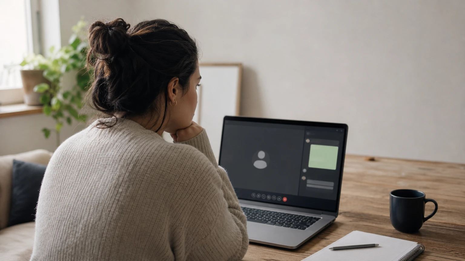 A person on a video call sees the other participant's camera turned off during a suspicious conversation.