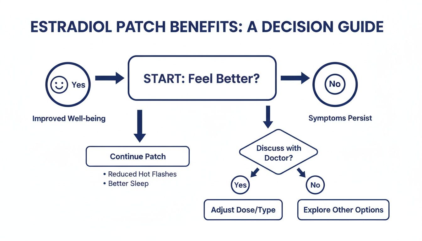 Flowchart explaining the decision process for estradiol patch benefits, including feeling better and next steps.