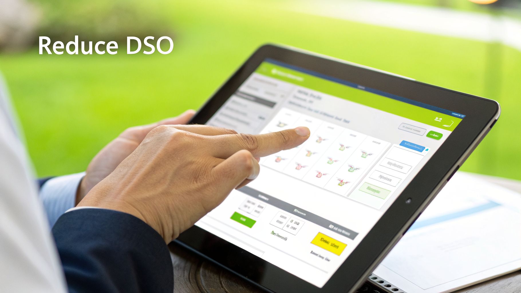 Hands interacting with a tablet displaying a management system, helping to reduce DSO.