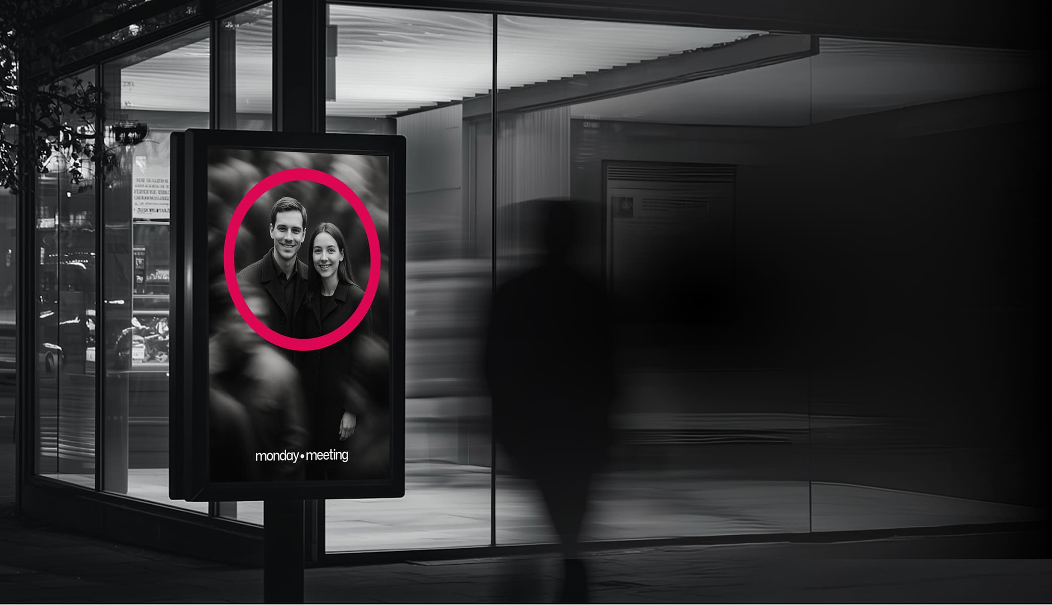 Mupi urbano con una pareja enmarcada por un círculo magenta, representación de cómo Mondaymeeting pone a las marcas en el foco.