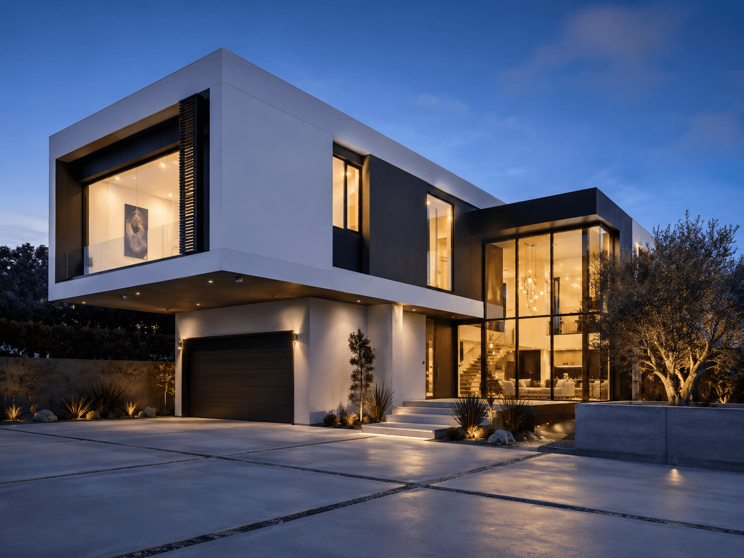 The Meridian single-story modular home with concrete and bronze panels, floor-to-ceiling glass, and a landscaped entry path.
