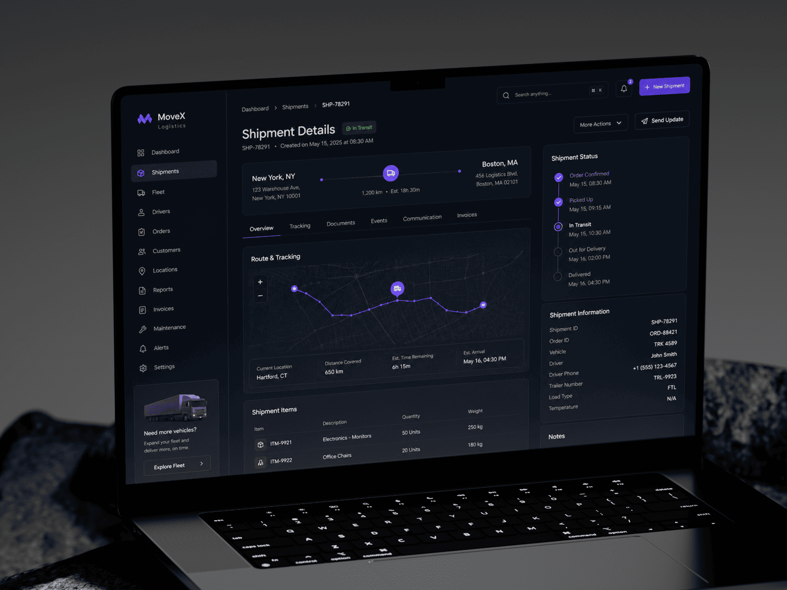 Dark-mode logistics management dashboard showing shipment tracking, fleet analytics, operational metrics, route monitoring, delivery status, maintenance alerts, and transportation management tools.