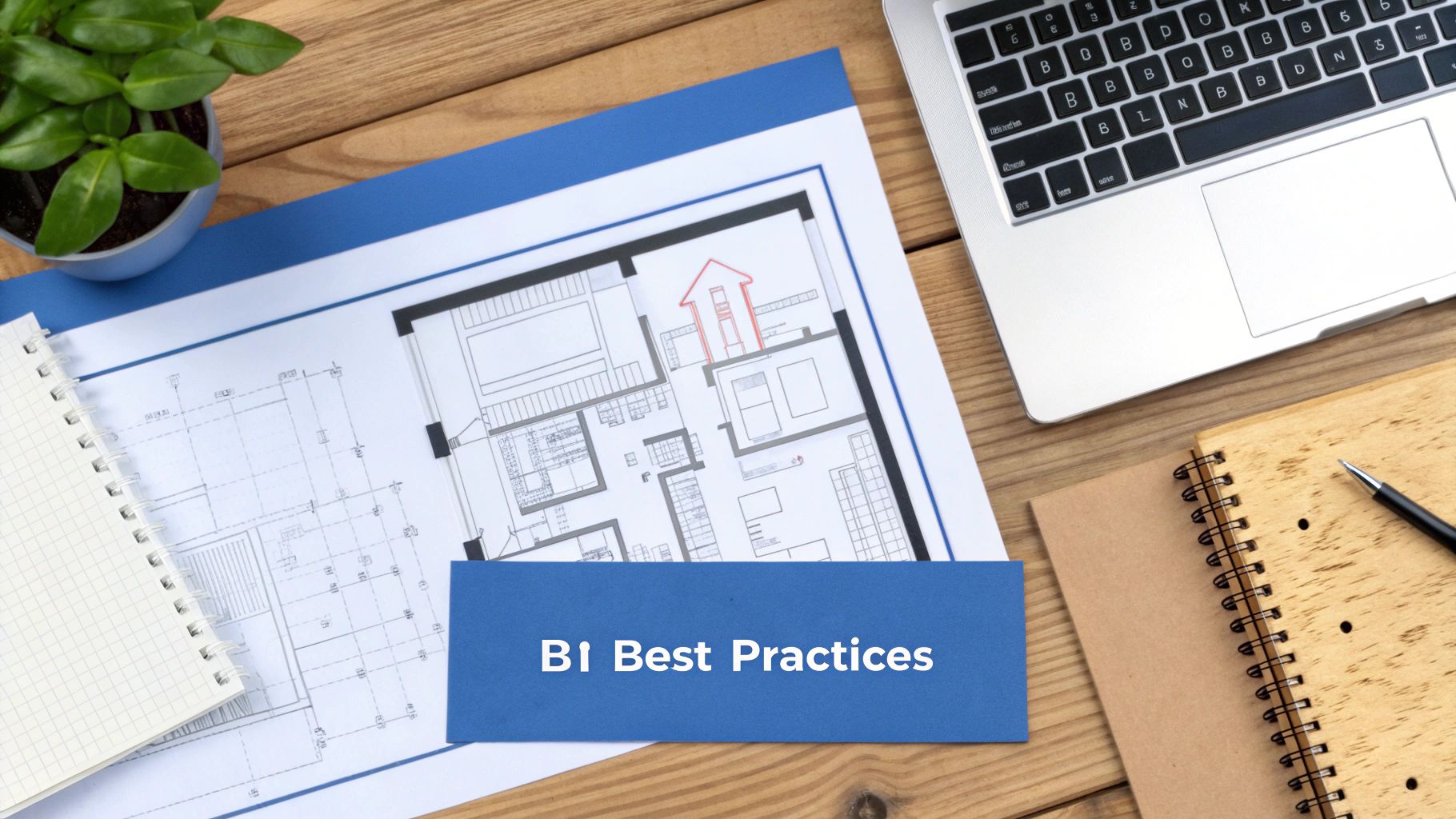 Overhead shot of a desk with architectural blueprints, a laptop, and a 'BI Best Practices' banner.