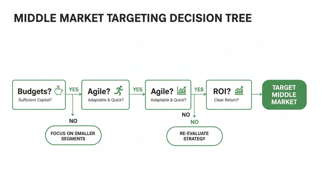 Decision tree for middle market targeting based on budgets, agility, and ROI analysis.
