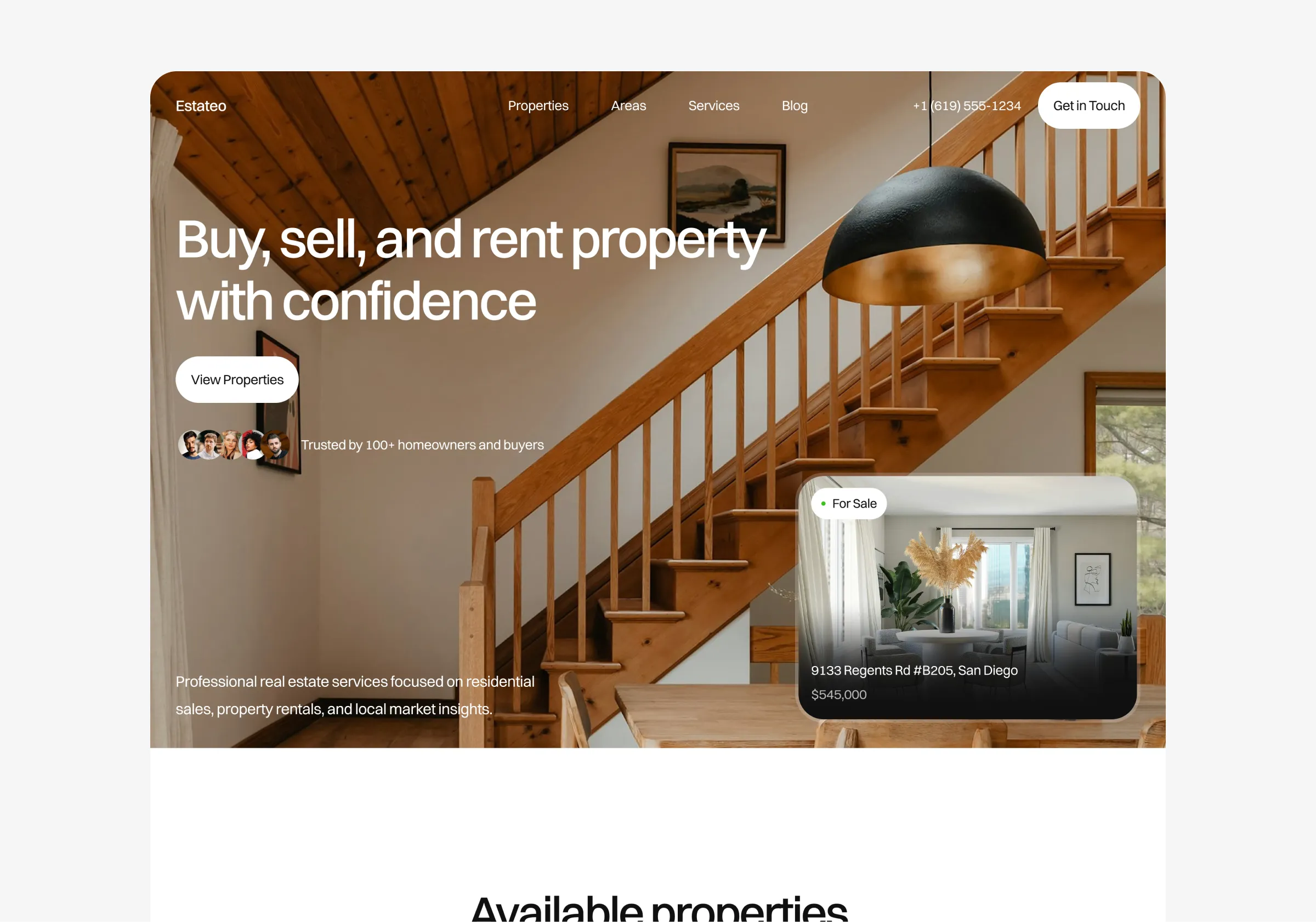 Real estate website template preview showing homepage layout with property listings, navigation, and call-to-action section