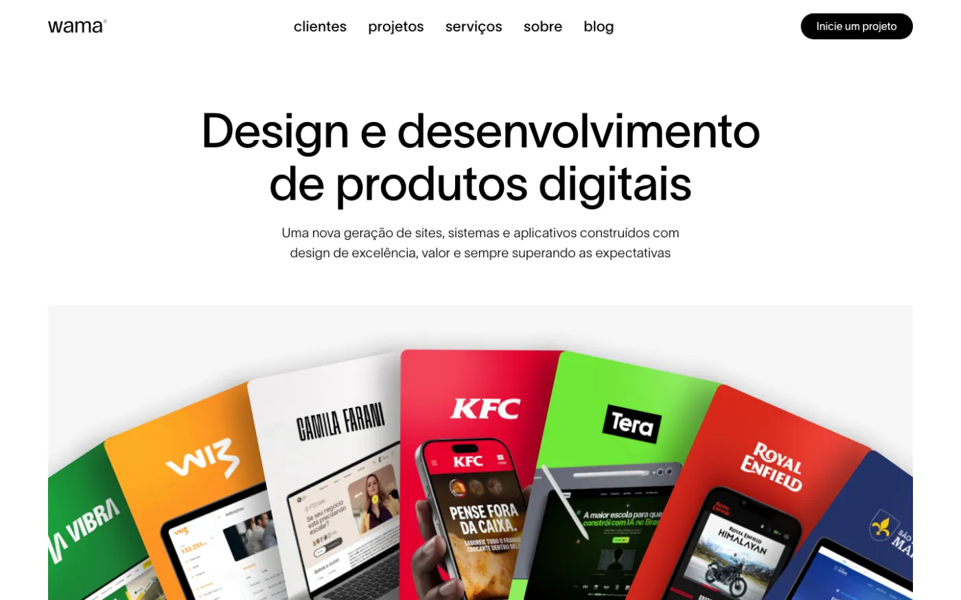 Página inicial do site da Wama, agência de Framer no Brasil, com o leque de projetos para KFC, Tera, Camila Farani e Wiz