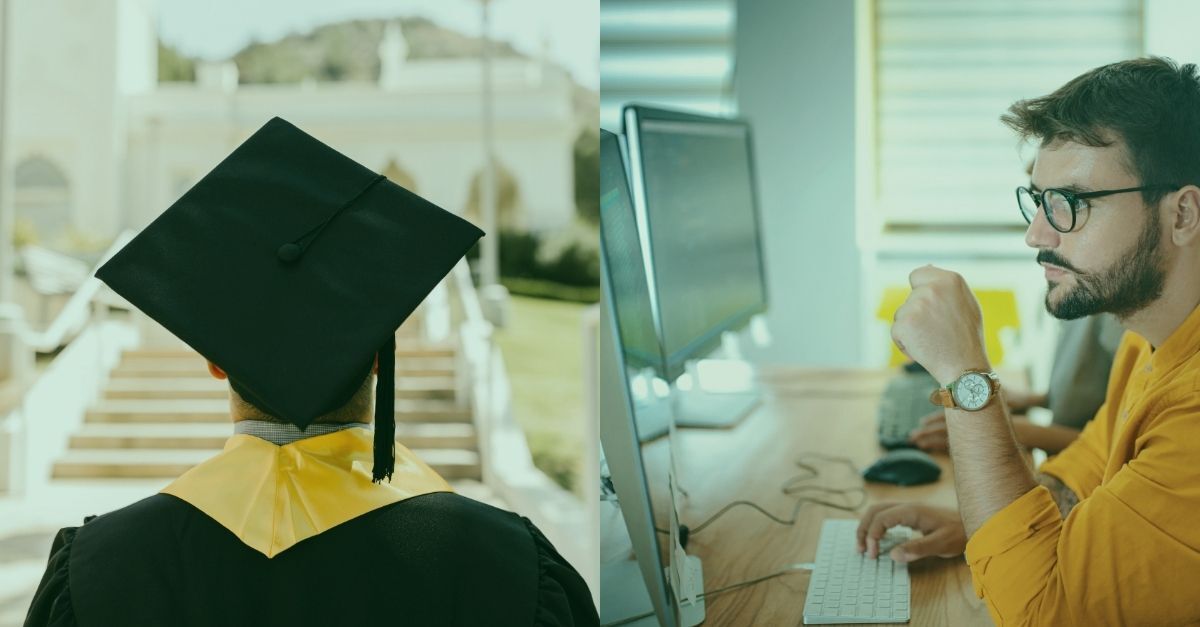 Split-image comparison: On the left, a university graduate wearing a black cap and gown with a yellow stole walks up steps towards a formal building, symbolizing academic achievement. On the right, a bearded man in glasses and a mustard-colored shirt works intently at a computer in an office setting, representing hands-on experience and technical skills. The image visually contrasts traditional degree-based education with skill-based hiring.