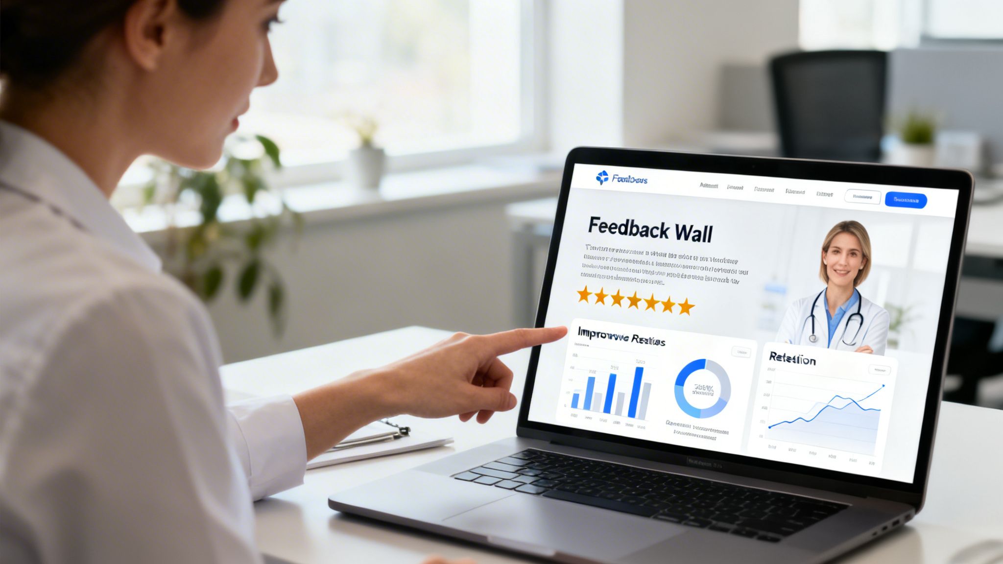 A woman in a white lab coat points at a laptop screen displaying a feedback wall dashboard with charts and ratings.