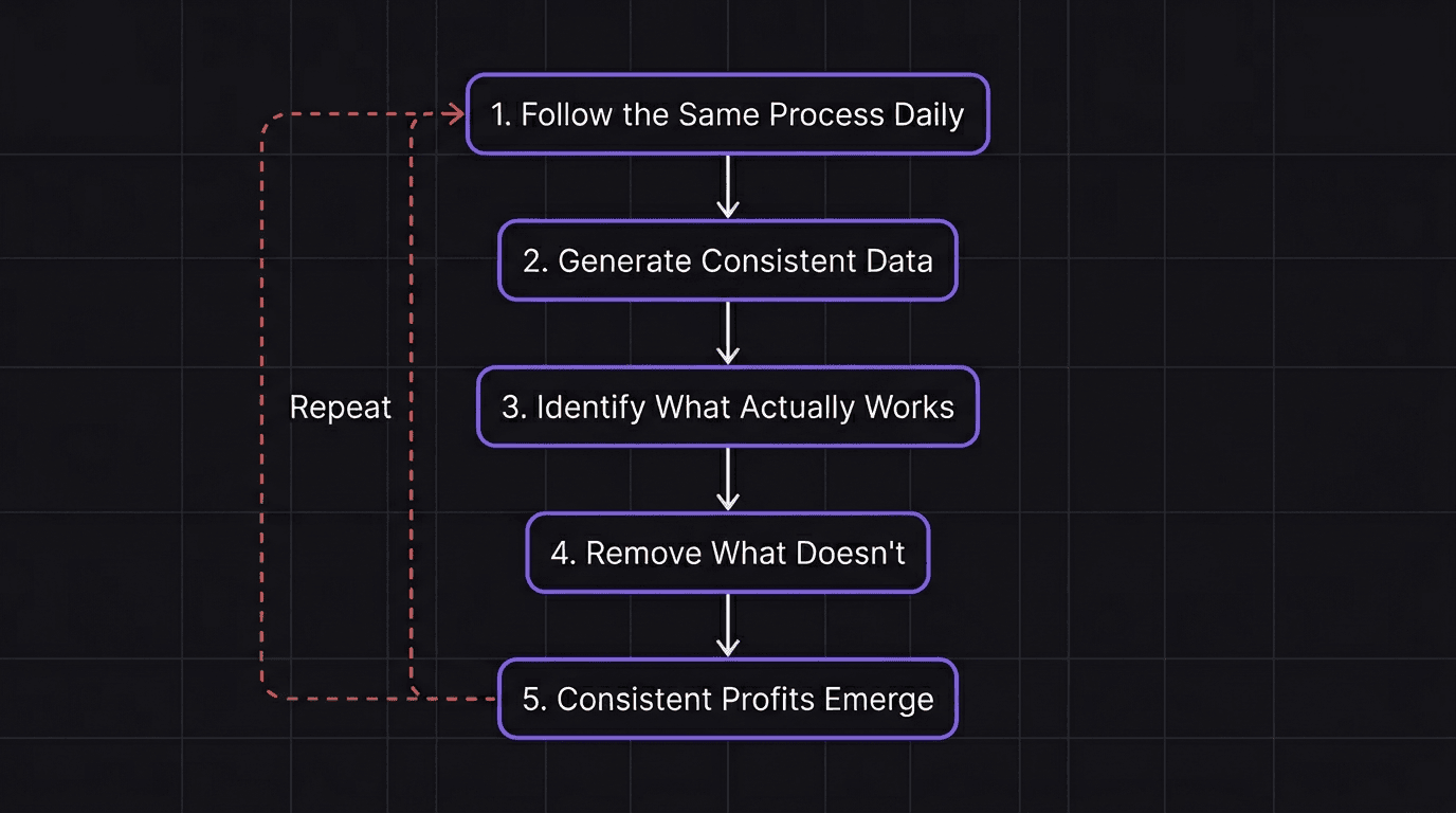 Flowchart showing how consistent actions lead to consistent profits through a behavioral feedback loop