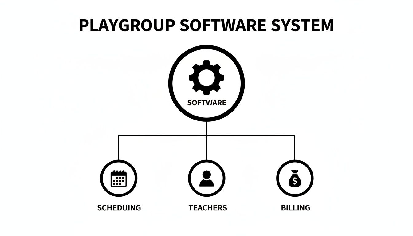 Diagram of a playgroup software system showing scheduling, teachers, and billing functionalities.