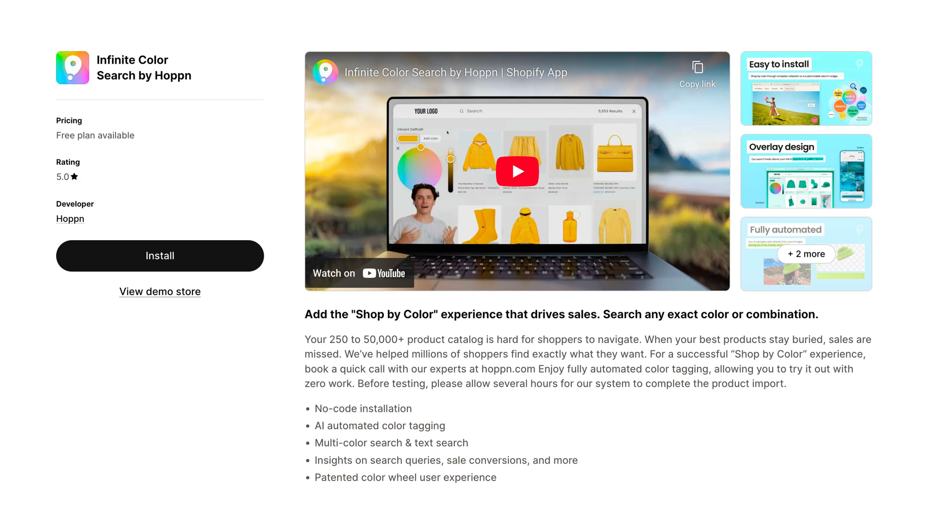 Screenshot image of the Infinite Color Search Shopify app within the Shopify App Store.