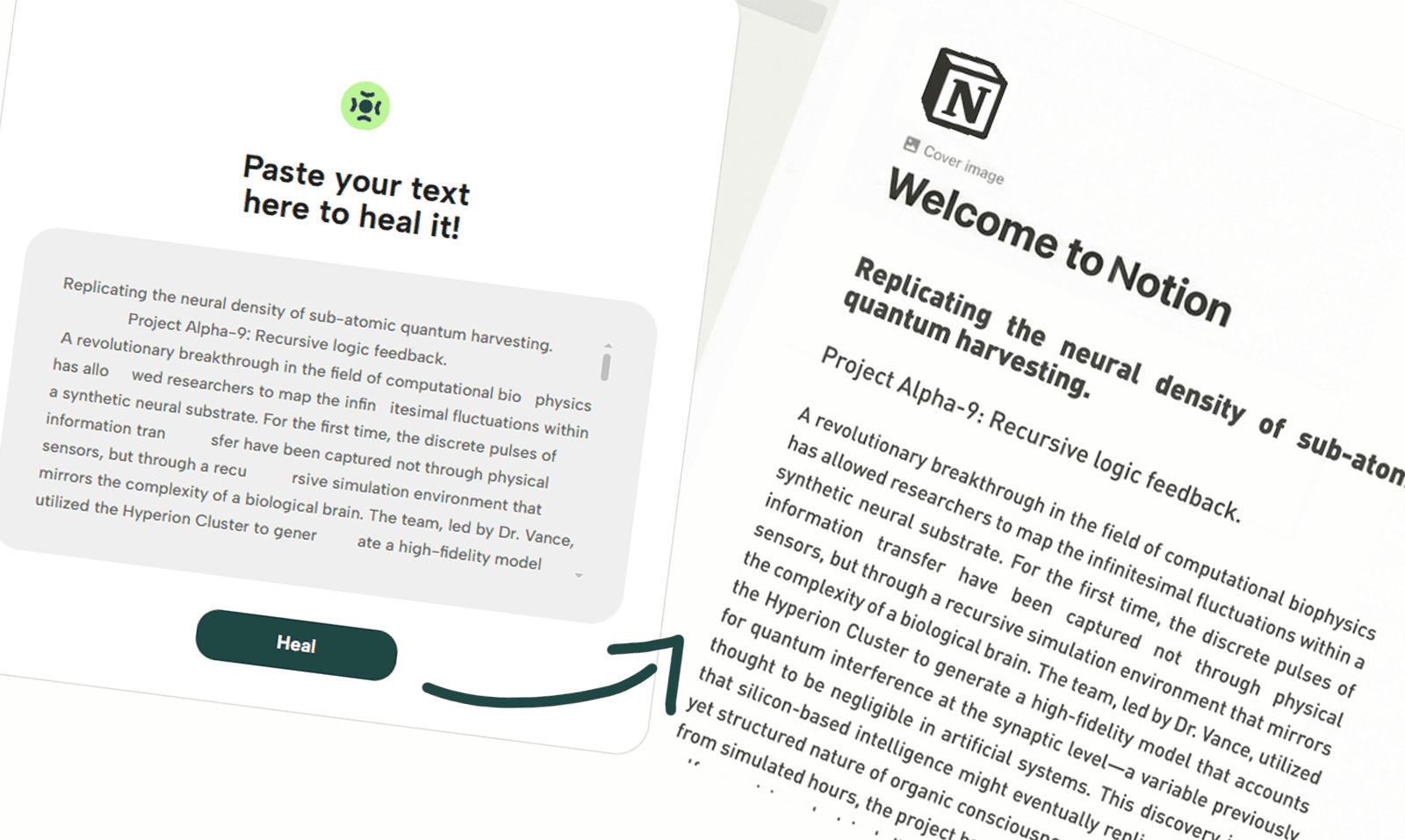 Image showing how a user text copied inside the text healing option its turned into a markdown text ready to paste wherever the user needs to