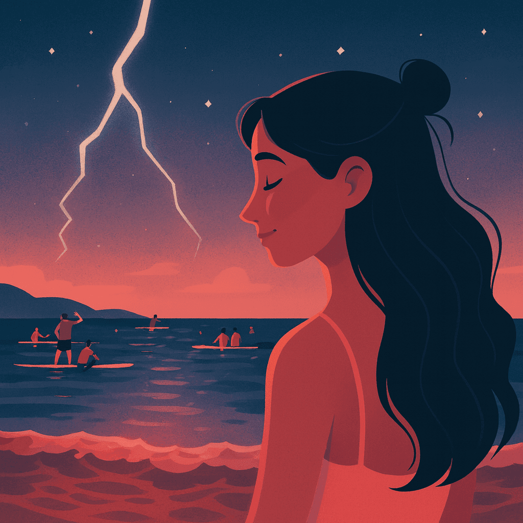 Illustrasjon av en vakker kvinne på stranden i Barcelona, med lynnedslag i bakgrunnen.